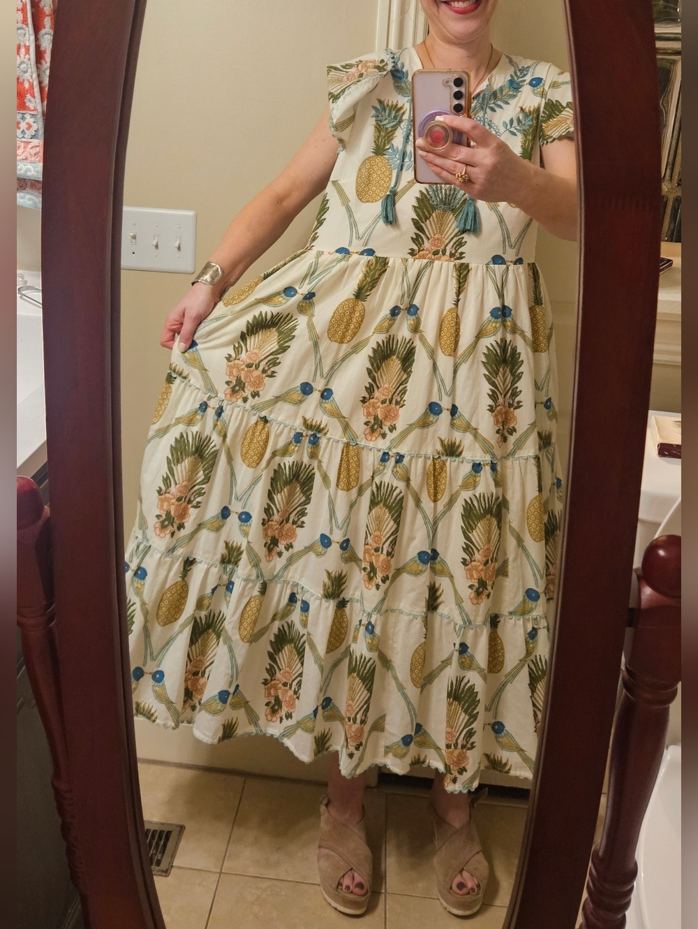 Uncle Frank Birds of Paradise Maxi Dress S | Tropical Boho Tiered Cotton Tassel - Picture 3 of 13